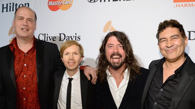 BEVERLY HILLS, CA - FEBRUARY 14:  (L-R) Krist Novoselic, recording artists Beck, Dave Grohl, and Pat Smear attend the 2016 Pre-GRAMMY Gala and Salute to Industry Icons honoring Irving Azoff at The Beverly Hilton Hotel on February 14, 2016 in Beverly Hills, California.  (Photo by Kevin Mazur/WireImage)